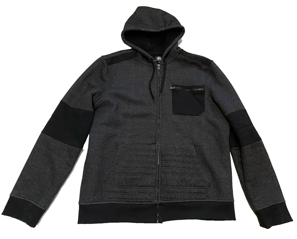Rock & Republic Mens Dark Hoodie Sweatshirt Size XL Faux Sherpa Fleece Skater